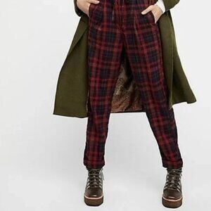 Free People Here & There tartan plaid paper bag trousers in red and navy size 0